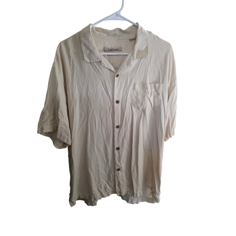 Tommy Bahama Silk Button Up Shirt Men's XL Beige Short Sleeve Casual